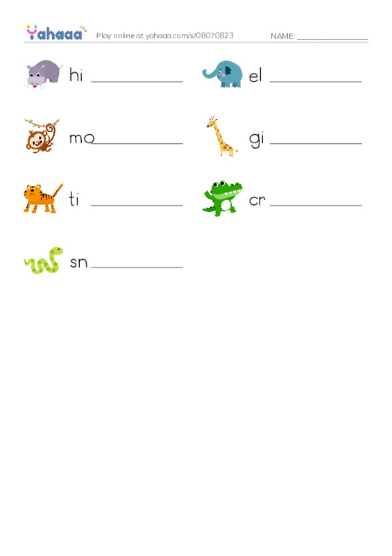 Write the word rows worksheet for hippo, elephant, monkey and 4 more