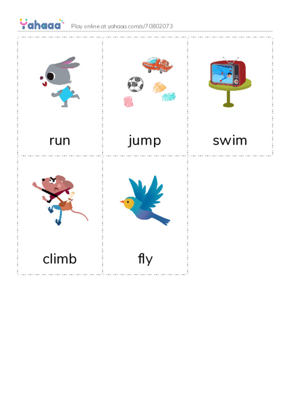Picture flashcards worksheet for run, jump, swim and 2 more
