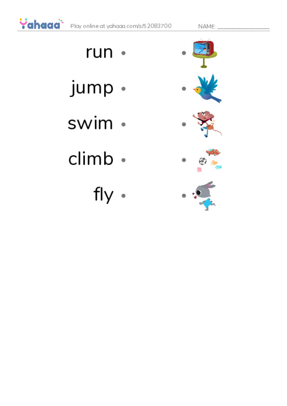 Draw a line to match worksheet for run, jump, swim and 2 more