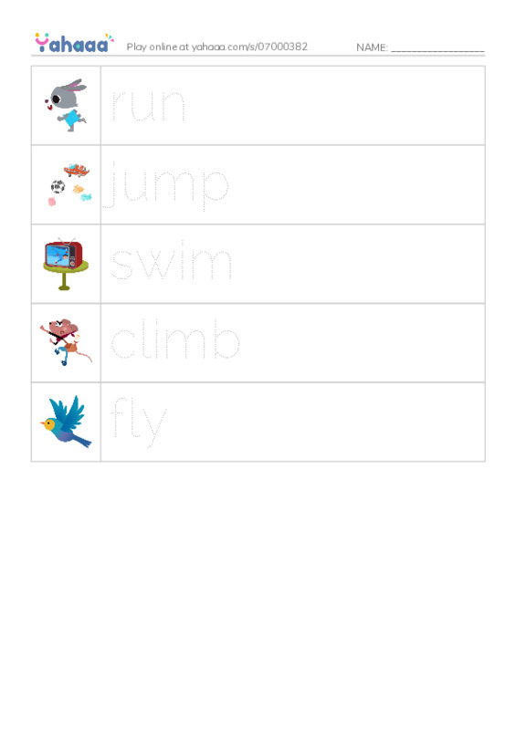 Picture and word rows worksheet for run, jump, swim and 2 more