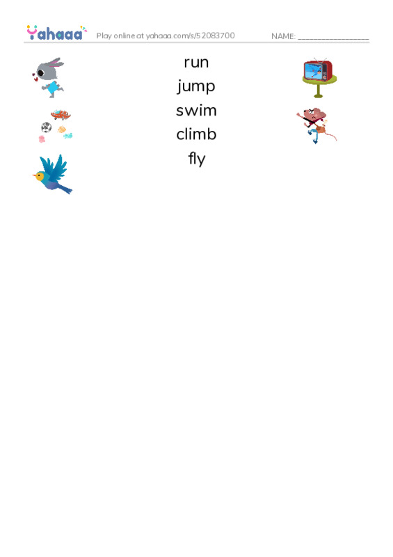 Match both sides worksheet for run, jump, swim and 2 more