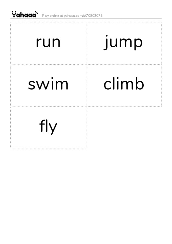 Word flashcards worksheet for run, jump, swim and 2 more