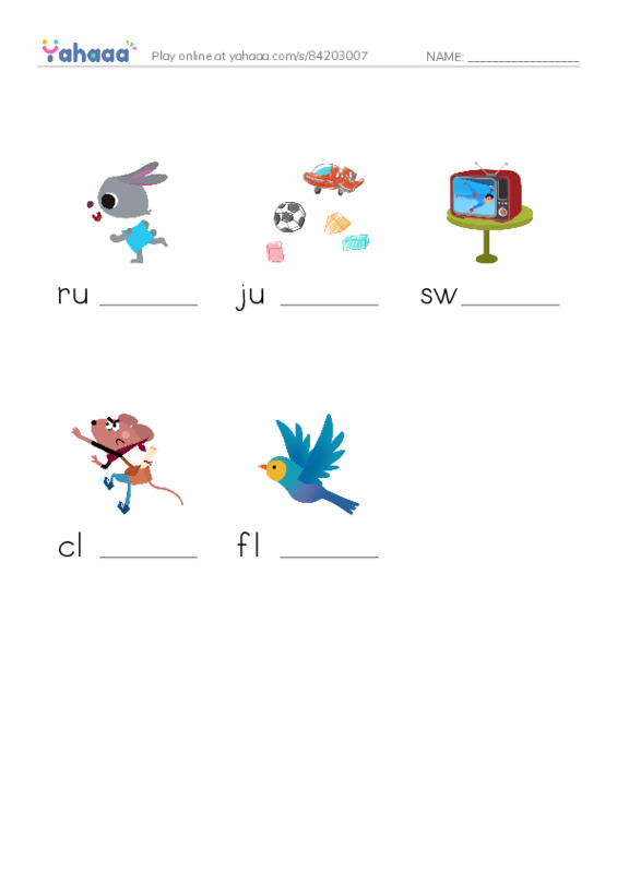 Finish the word worksheet for run, jump, swim and 2 more