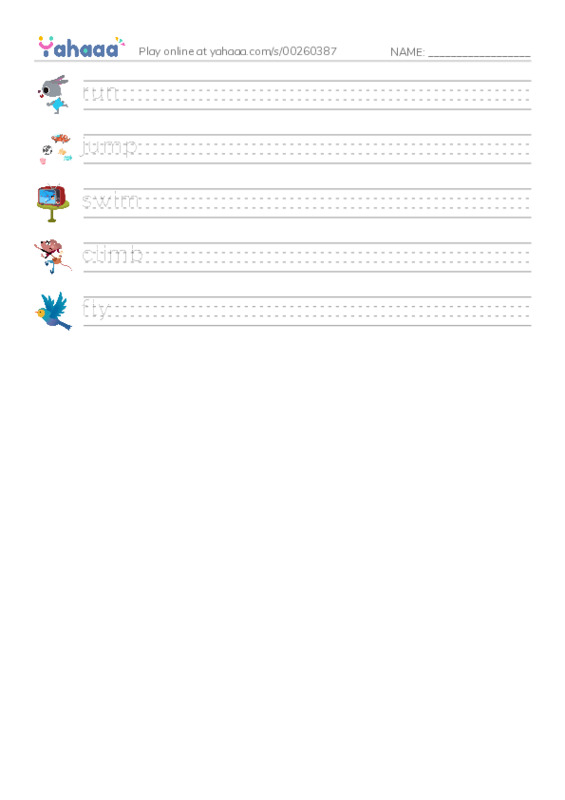 Handwriting lines worksheet for run, jump, swim and 2 more