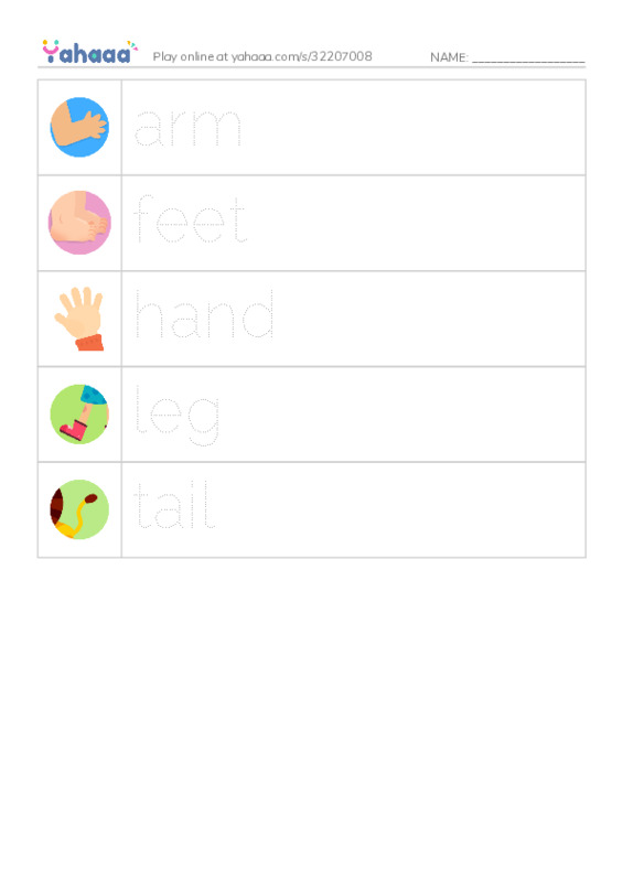 Picture and word rows worksheet for arm, feet, hand and 2 more