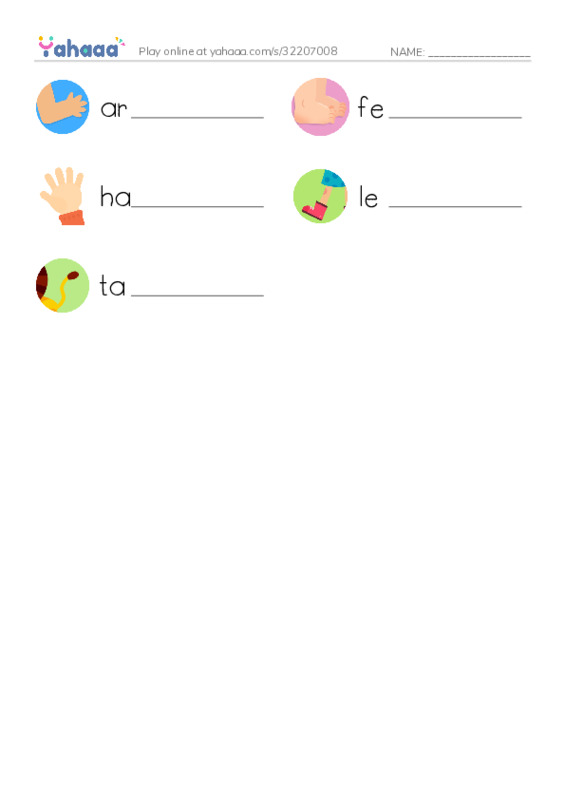 Write the word rows worksheet for arm, feet, hand and 2 more