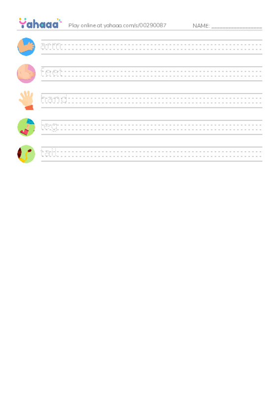 Handwriting lines worksheet for arm, feet, hand and 2 more