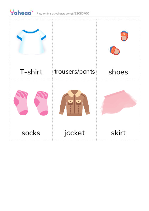 Picture flashcards worksheet for T-shirt, trousers/pants, shoes and 3 more