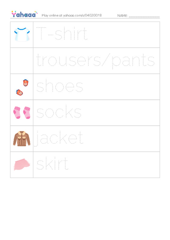 Picture and word rows worksheet for T-shirt, trousers/pants, shoes and 3 more