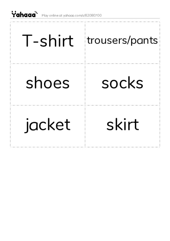 Word flashcards worksheet for T-shirt, trousers/pants, shoes and 3 more
