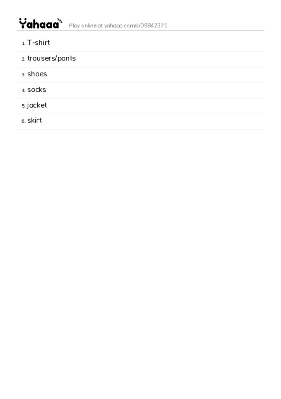 Word list with meanings worksheet for T-shirt, trousers/pants, shoes and 3 more