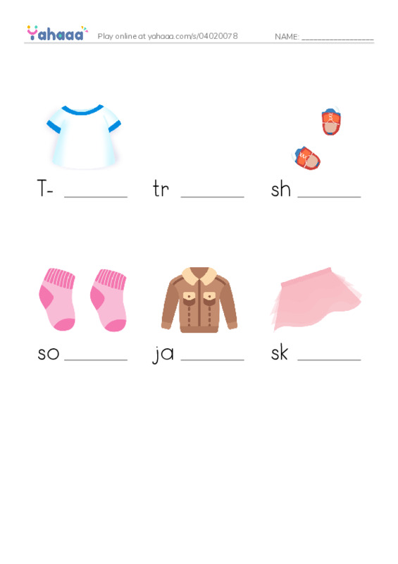 Finish the word worksheet for T-shirt, trousers/pants, shoes and 3 more