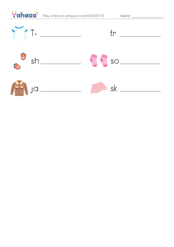Write the word rows worksheet for T-shirt, trousers/pants, shoes and 3 more