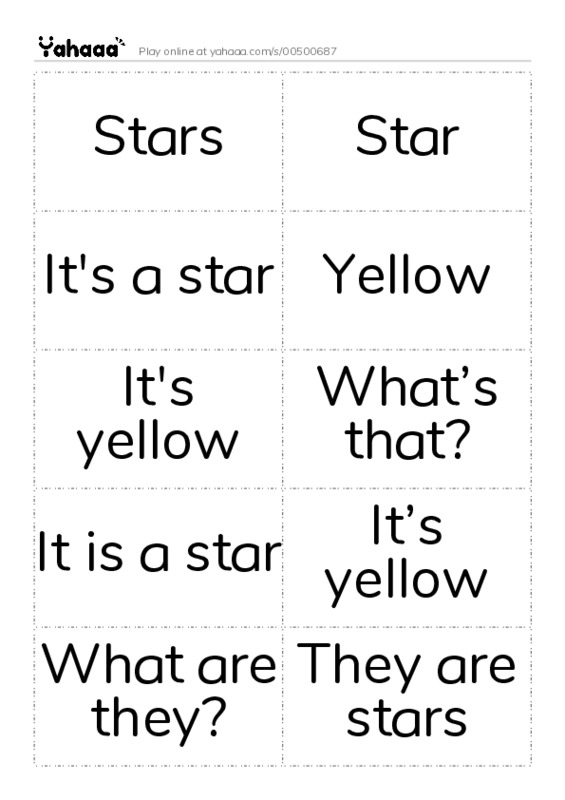 Word flashcards worksheet for Stars, Star, It's a star and 11 more