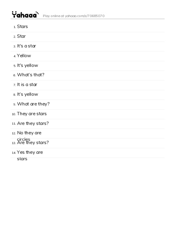 Word list with meanings worksheet for Stars, Star, It's a star and 11 more