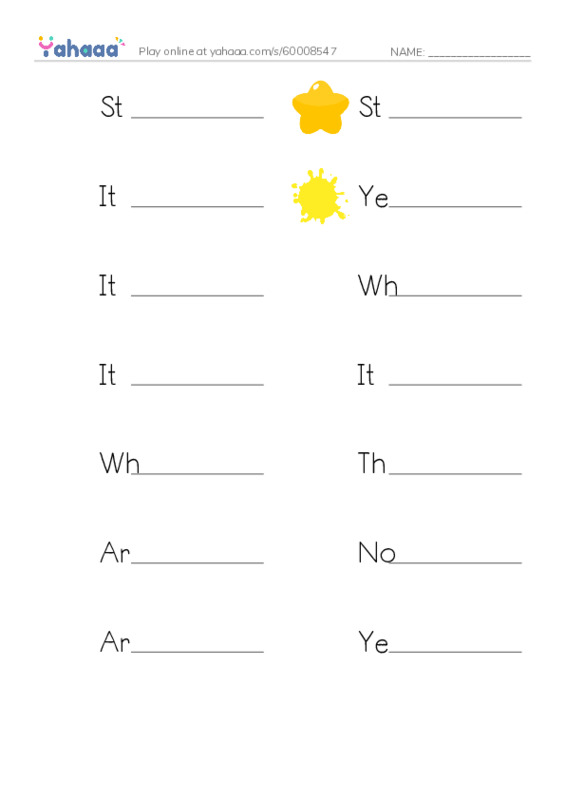 Write the word rows worksheet for Stars, Star, It's a star and 11 more