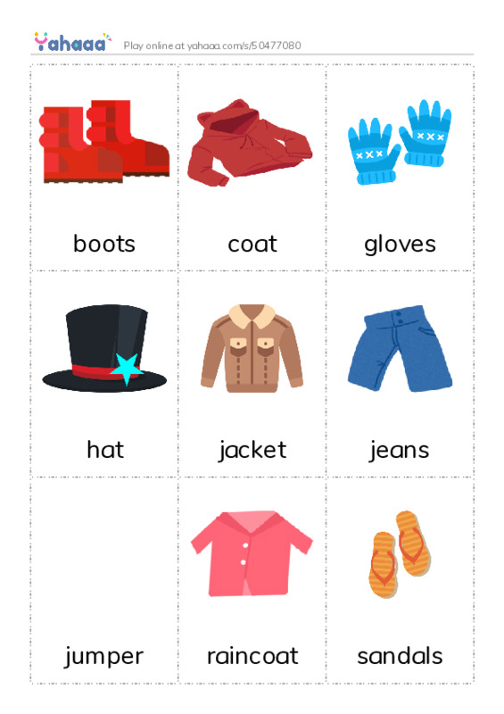 Picture flashcards worksheet for boots, coat, gloves and 18 more