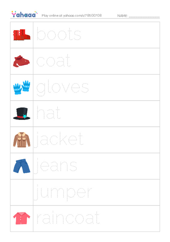 Picture and word rows worksheet for boots, coat, gloves and 18 more
