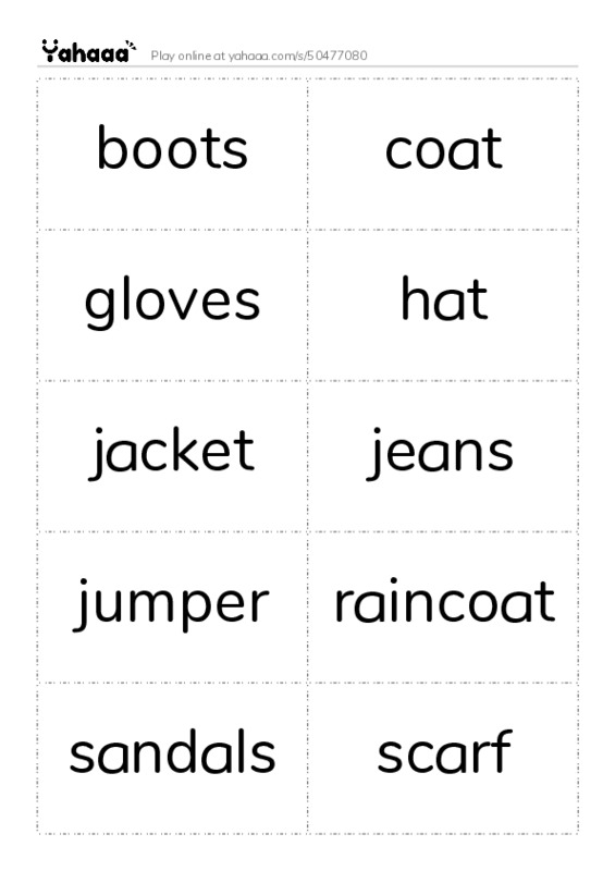 Word flashcards worksheet for boots, coat, gloves and 18 more