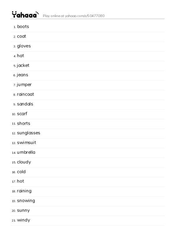 Word list with meanings worksheet for boots, coat, gloves and 18 more