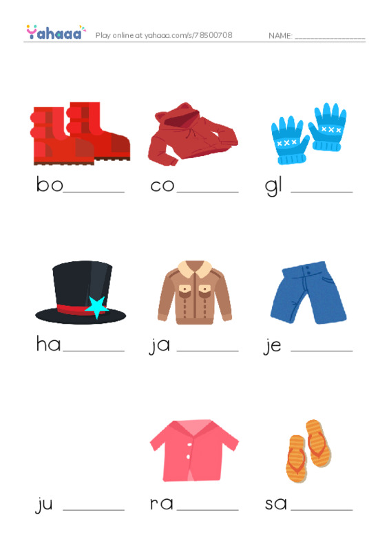 Finish the word worksheet for boots, coat, gloves and 18 more