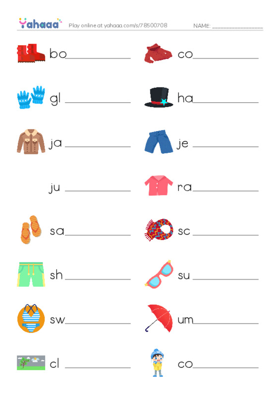 Write the word rows worksheet for boots, coat, gloves and 18 more