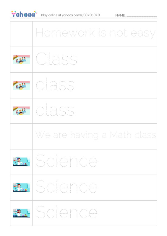 Picture and word rows worksheet for Homework is not easy, Class, class and 10 more