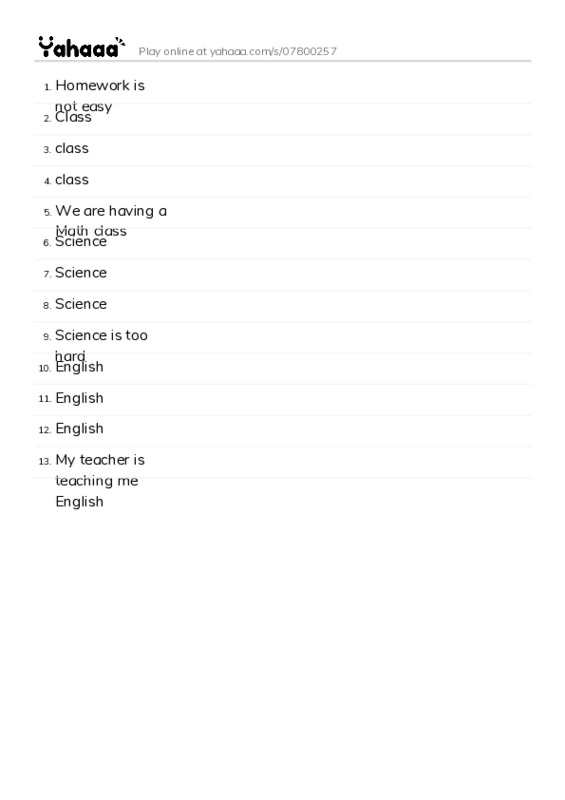 Word list with meanings worksheet for Homework is not easy, Class, class and 10 more