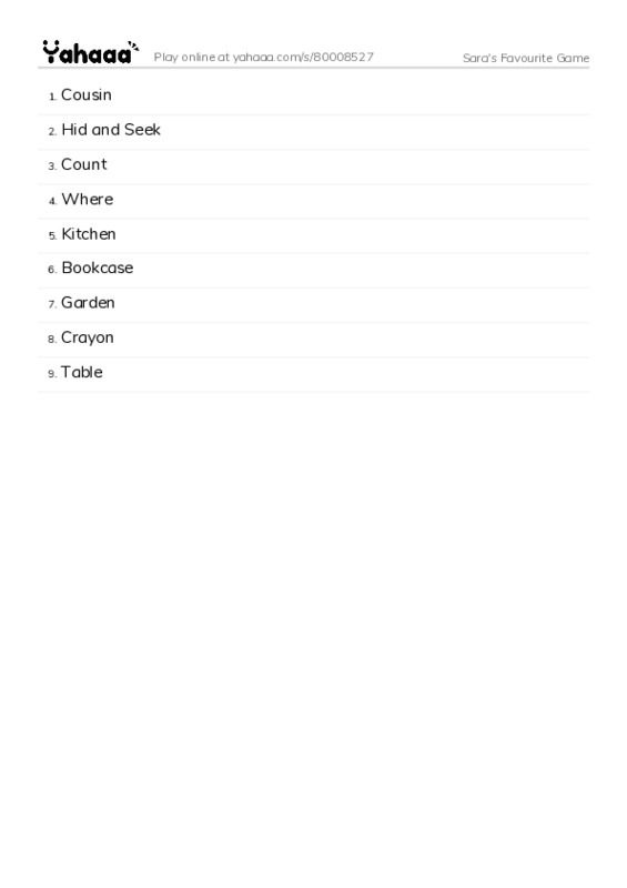 Word list with meanings worksheet for Sara's Favourite Game