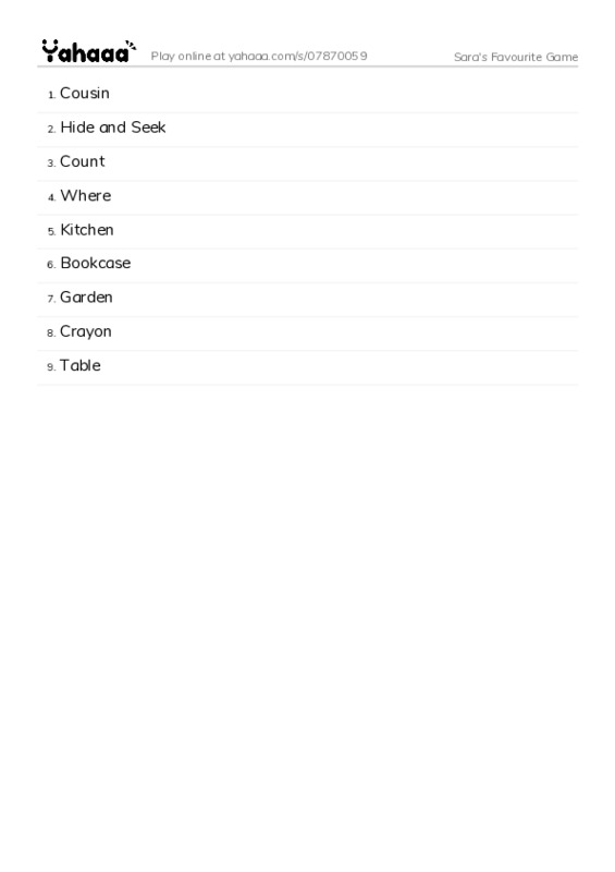 Word list with meanings worksheet for Sara's Favourite Game