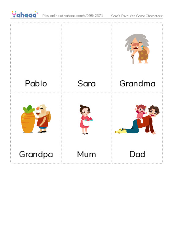 Picture flashcards worksheet for Sara's Favourite Game Characters: