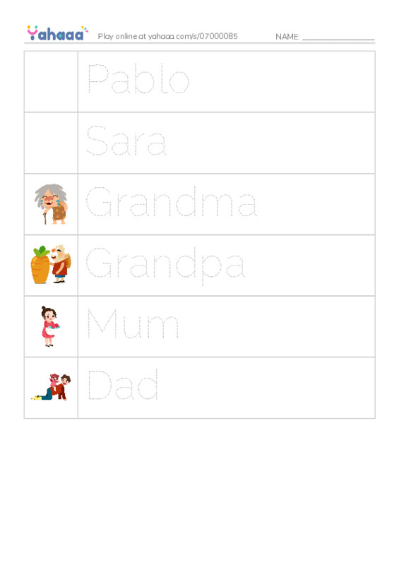Picture and word rows worksheet for Sara's Favourite Game Characters:
