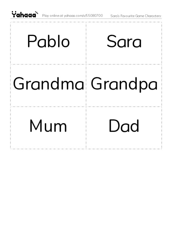 Word flashcards worksheet for Sara's Favourite Game Characters: