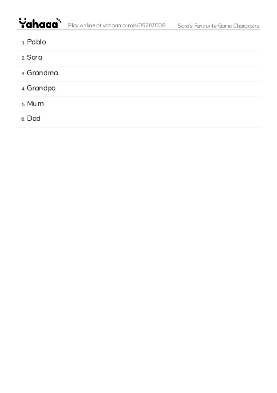 Word list with meanings worksheet for Sara's Favourite Game Characters: