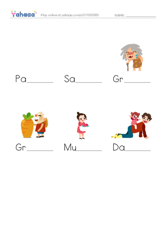 Finish the word worksheet for Sara's Favourite Game Characters: