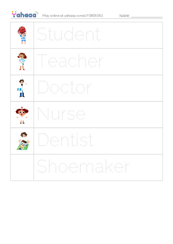 Picture and word rows worksheet for Student, Teacher, Doctor and 3 more