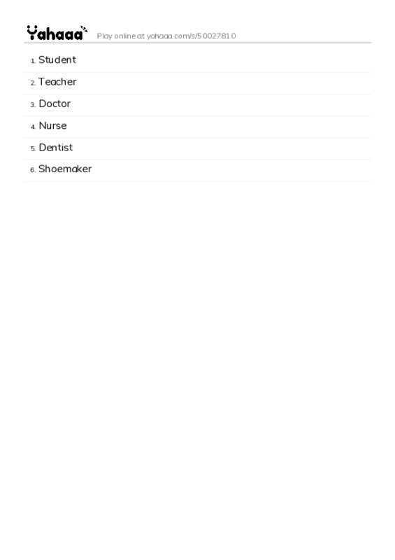 Word list with meanings worksheet for Student, Teacher, Doctor and 3 more