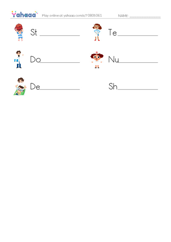 Write the word rows worksheet for Student, Teacher, Doctor and 3 more