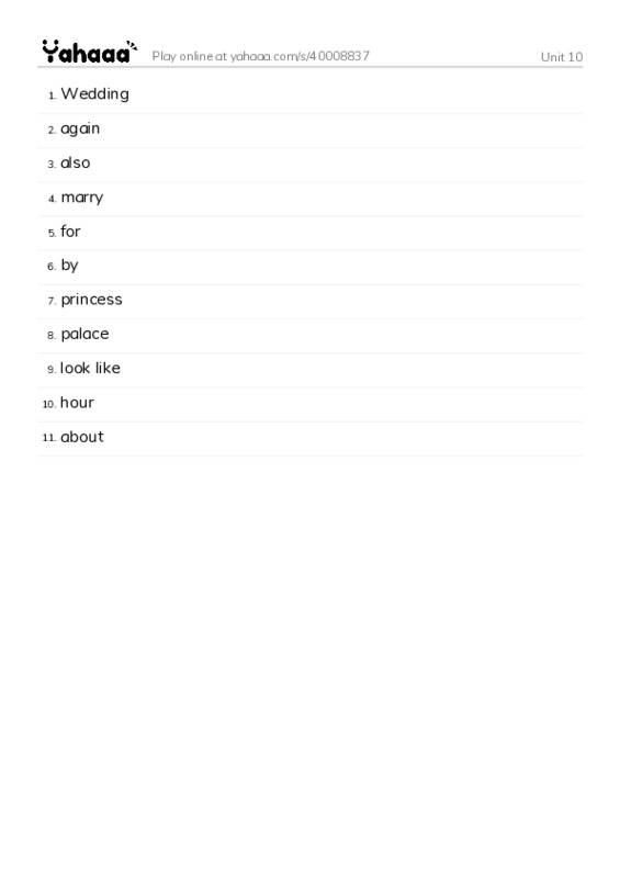 Word list with meanings worksheet for Unit 10