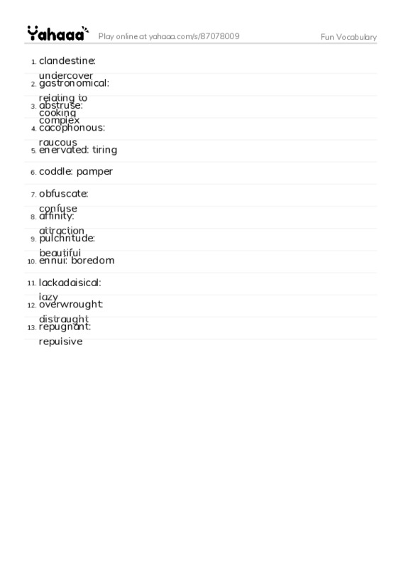 Word list with meanings worksheet for Fun Vocabulary