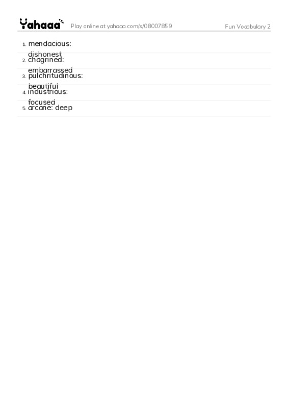 Word list with meanings worksheet for Fun Vocabulary 2