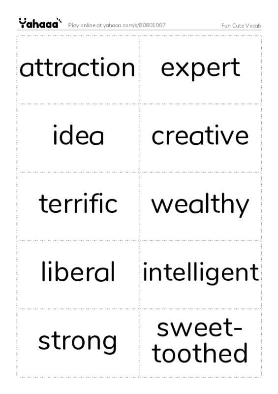 Free worksheet on Fun Cute Vocab - Two columns flashcards | Yahaaa!