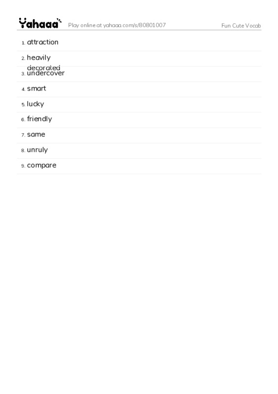 Word list with meanings worksheet for Fun Cute Vocab
