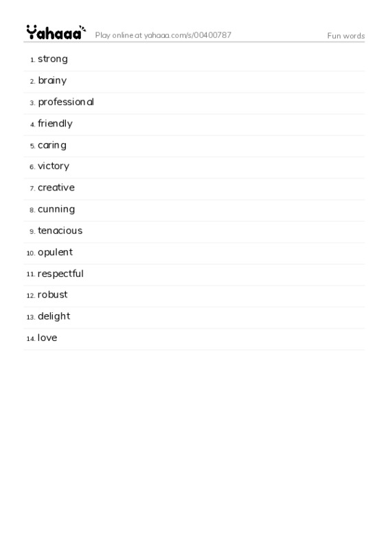 Word list with meanings worksheet for Fun words