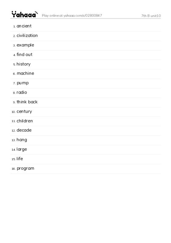 Word list with meanings worksheet for 7th B unit10