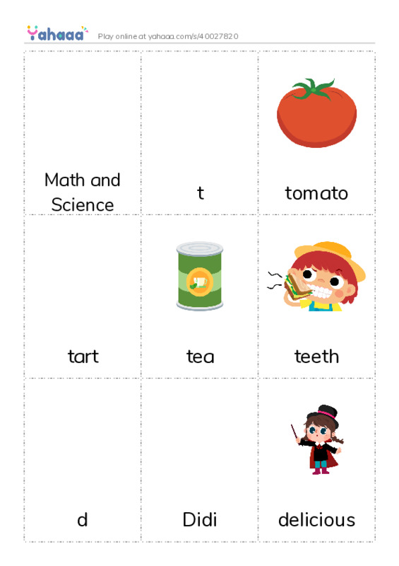 Picture flashcards worksheet for Math and Science, t, tomato and 14 more