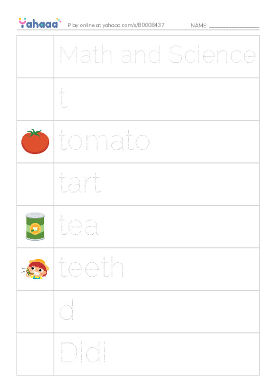 Picture and word rows worksheet for Math and Science, t, tomato and 14 more
