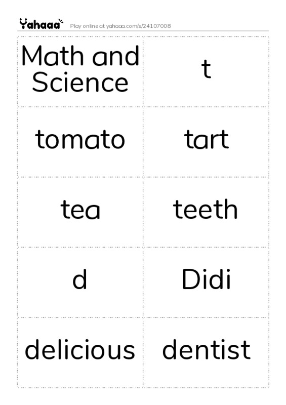 Word flashcards worksheet for Math and Science, t, tomato and 14 more