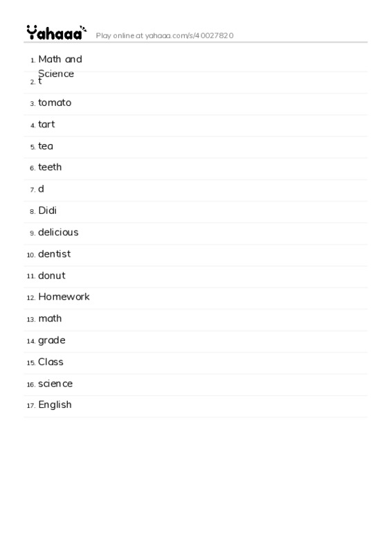 Word list with meanings worksheet for Math and Science, t, tomato and 14 more