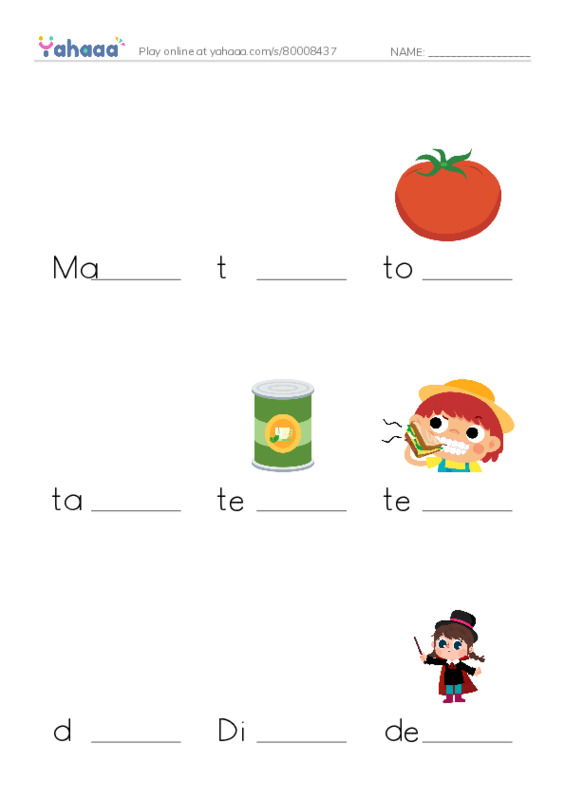 Finish the word worksheet for Math and Science, t, tomato and 14 more
